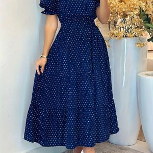 Vrouwen Marineblauw & Witte Stippen Pofmouw A-Lijn Jurk met Verstelbare Taille Riem - Vierkante Hals Casual Vakantiejurk voor Lente/Zomer, Resort Kleding, Comfortabele Zomerkleding