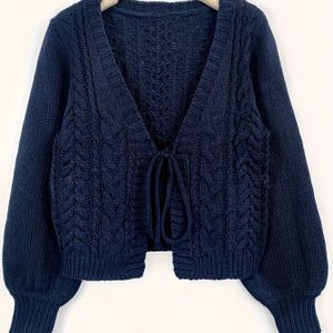 Gekabelde gebreide vetersluiting V-hals cardigan, casual lange mouw losse cardigan voor herfst en winter, dameskleding