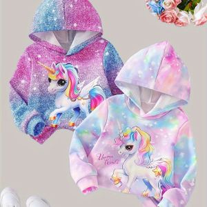 2 stuks, Lovable Pretty Unicorns Print Meisjes Lange Mouwen Hoodies, Veelzijdige & Comfortabele Buitenkleding Voor Herfst Winter