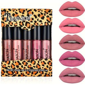 TEAYSON Matte Lip Gloss Set voor Volwassenen, Waterdicht Niet-Verblekend, Langdurige Vloeibare Lippenstift, Alle Huidtypen, Multicolor Nude en Pompoen Tinten Lip Glaze, 5-delige Doos