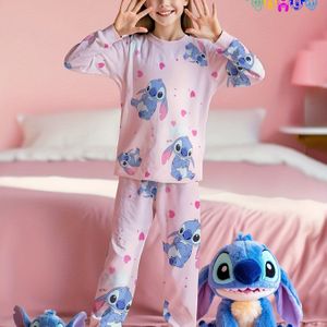 Disney, Meisjes Pyjama Set, Schattige Stitch, Ronde Hals Lange Mouw Broek, Vlamvertragende Stof Loungewear voor Meisjes en Dagelijks Draag, Homewear