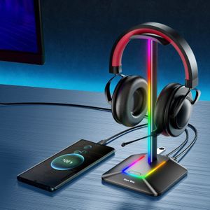 New Bee RGB Hoofdtelefoonstandaard met 2 USB-C & 1 USB-Oplaadpoorten, Bureau Gaming Headsethouder met 7 Lichtmodi en Antislip Rubberen Basis Geschikt voor Alle Oordopaccessoires