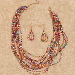 1pc Bohemian Vintage Bead Necklace And Earring Set With Layered Design, Versatile Accessory