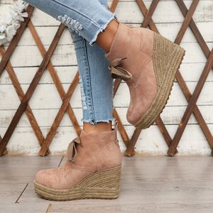 TEMU Chique Dames Linnen Sleehak Enkellaarzen - Casual Kleur, Veter Platform Schoenen met Rubberen voor Alle Seizoenen