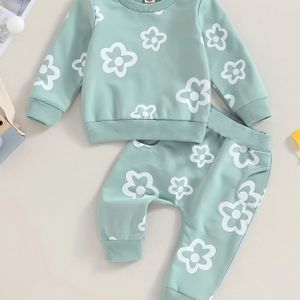 /Herfst Bloemenprint Lange Mouw Ronde Hals Sweatshirt Top + Nep Trekkoord Broek Set, Perfect voor Buiten