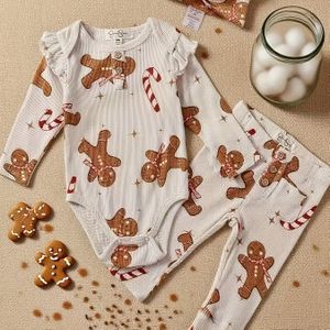 Schattig Gingerbread Baby Set - Comfortabele Meisjesoutfit met Kerstthema Onesie + Broekje + Haarband Set - Ideaal Cadeau voor Buitenshuis, Perfect voor Outdoor