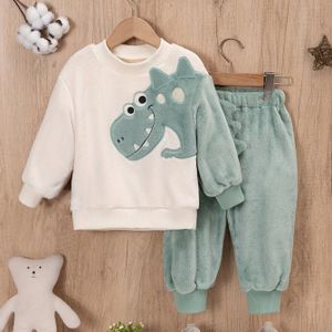 Kinderen Unisex Coral Fleece Dinosaur Warm Outfit, Zacht Huidvriendelijk Casual Pluche Pak, Crew Neck Pullovers met Geborduurd Dierenpatroon, Regular Fit Polyester 100% voor Herfst/Winter
