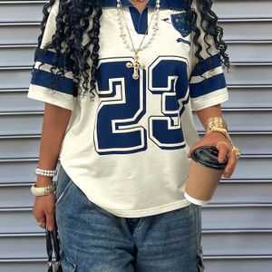 1 stuks Zomer College Stijl Revers Korte Mouw T-Shirt voor Dames | Trendy Retro Nummer 23 Print, Kleurblok Design, Casual Slim Fit, Essentieel voor Streetwear