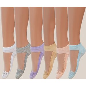6-Pack Dames Gemengde Kleuren Korte Sokken - Zomerse Doorschijnende Glaskousen, Delicate Kantranden in Roze, , Blauw, Grijs, Wit - Ademend Mode Casual