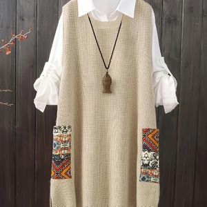 Plus Size Casual Color-Block Trui Jurk met Zakken - Ronde Hals Mouwloze Pullover, Machinewasbare Lagenjurk voor Vrouwen, /Herfst Kleding, Midden-Oosterse Stijl, Niet-Transparante Stof
