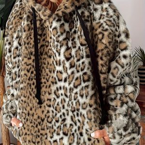 Casual Sweatshirt Met Grote Maten, Damesplus-fleece Met Luipaardprint, Lange Mouwen En Trekkoordhoodie Met Zakken