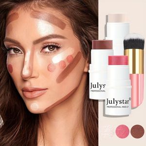 JulyStar 4- Contour Stick Set met Highlighter, Blush & Bronzer Plus Gouden Poederkwast - Waterbestendig Verlichtend Crème voor Alle Huidtinten, Schitterend Medium onder 1 Fl Oz