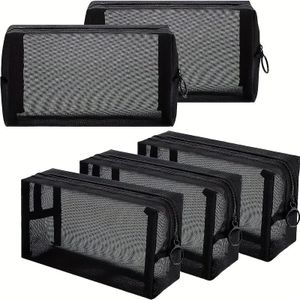 5-pack Black Mesh Cosmetic Bag Set - Nylon Zippered Pouches With Breathable Design For Travel And Home Office Accessories, Foldable Storage Organizers
