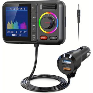 JaJaBor Draadloze FM-zender met Draadloos & Dual USB QC3.0 Snelladen, Auto MP3 Muziekspeler met Booster/TRE, Handsfree , Spraakassistent, USB/TF Kaart Afspelen, Aansteker Adapter, Auto