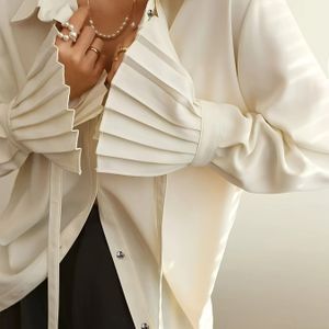 Elegante polyester dames casual blouse met geplooide manchetten en reverskraag - kleur, knoopsluiting, geweven overhemd met lange mouwen voor alle seizoenen