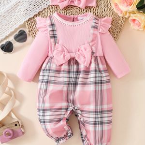 2 stuks Sweet Pink Lange Mouw Romper met Passende Hoofdband - Schattig Baby Outfit met Detail, Polyester, Wear, Regular Fit, Rechte Zoom, Geen Riem, voor Meisje, voor Buiten
