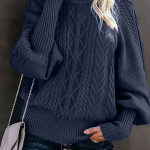 Dames Oversized High Neck Pullover Sweater, Kleur, Lantern Mouw, Gebreide Stof, Polyester 100%, Lichtrekbare, Reguliere Lengte, Lange Mouw, Casual Stijl, Geen Riem, voor Herfst/Winter - 591 g/m²