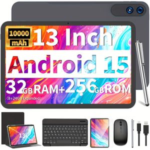 Relndoo 15 Tablet met Toetsenbord, 13-inch Groot Scherm, 32GB RAM/256GB ROM, 10000mAh High-Capacity Batterij, 1920x1200 FHD Display, 13MP Camera, Dual-Band WiFi, 2TB SD Uitbreiding, Tablet, Pad