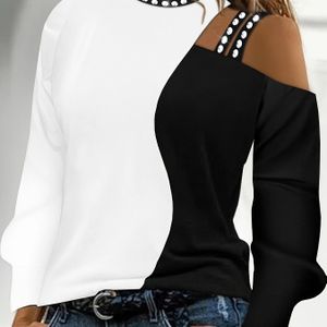 Off-Shoulder Kleurblok Lange Mouwen Top voor Dames - Zwart & Wit Contrasterend Casual Shirt met Parelaccenten, Medium Stretch Machinewasbaar All-Seizoen Blouse, Comfortabele Pasvorm