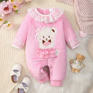 Meisjes Flanellen Romper - Winter Nieuwe Ronde Hals Knopenkant Patchwork Lange Mouwen Schattige Bloemenrok Zoom Cartoon Beer Borduurwerk, Perfect voor Buiten