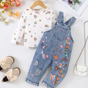 Herfstoutfit voor Baby Meisjes met een Veelzijdige Lange Mouwen Top met Bloemenprint en Kleurrijke Denim Overall met Bloemenprint, een Trendy Tweedelige Set voor Peuters, voor Buiten