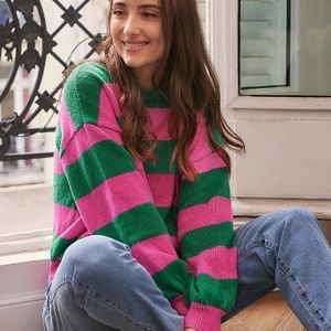 Vrouwelijk gestreept breiende trui, 100% polyester crew hals lange mouw top, lichte stretch stof, reguliere lengte, lente/herfst seizoen - casual