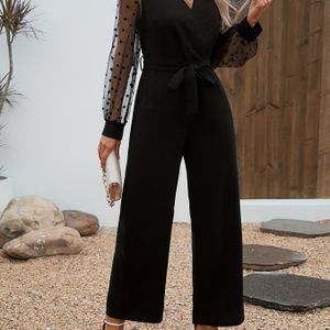 Jumpsuit met kanten split en halslijn, elegante jumpsuit met lange mouwen en strikceintuur voor lente en zomer, dameskleding
