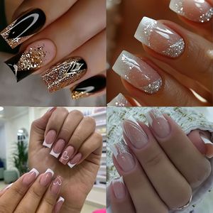 96-delige set van 4 Franse stijl zwarte en gouden glitter nagels met wit hartontwerp, medium lange vierkante plaknagels, eenvoudige en elegante kunstnagels