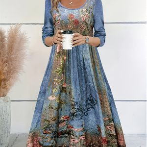 Vrouwen Plus Size Bloemenprint Lange Mouw Jurk - Casual Ronde Hals A-Lijn Machine Wasbaar Fit, Veelzijdige Outfit, Elegante Stijl, Comfortabele Stof, Stijlvolle Dames