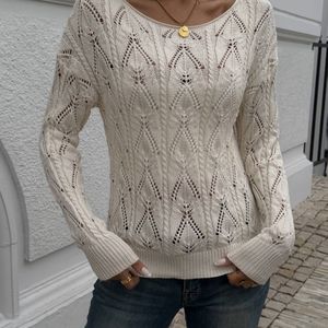 Vrouwen Elegante Kanten Trui - Losse Pasvorm Lange Mouw Semi- Top met Ronde Hals, Ontwerp voor Lente & Herfst Layering, Schattige Trui, Laagstuk, Kwaliteitsvakmanschap