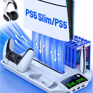 Quiet Cooling Ps5 Stand With Dual Controller , Headset Holder & 3 Usb Ports - Compatible With Slim, Disc & Digital | Adjustable Fan Speed (strong/medium/normal), For Gaming Experience