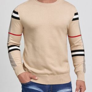 Heren Cozy Ronde Hals Trui - Beige & Zwart Kleurblok, Lange Mouw Pullover met Geribbelde Manchetten, Casual Herfst/Winter Kleding, Medium Stretch Stof, Perfect voor Gelaagd , Trui Vest, Gebreid