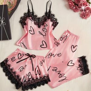 3- Pyjamaset met Contrasterend Kant en Letterprint, Topje met Spaghettibandjes & Elastische Broek & Korte Broek met Strikdecoratie, Dames Comfortabele Nachtkleding & Loungekleding, Dagelijks