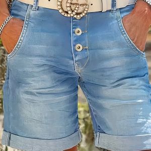 Damesmode, stretch denim shorts met gerolde zoom, lichtgewassen blauwe fit casual broek, zomer fit voor winkelen, daten, reizen, werk en dagelijkse vrije tijd, trendy en stijlvol