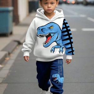 2-delige Cartoon Dinosaurussen Hoodie en Joggingbroek Set voor Jongens | Geschikt voor Leeftijd 1-8, Warm Fleece Gevoerd voor Herfst/Winter, Ideaal voor Buitenactiviteiten en Cadeaus.