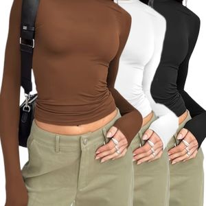 3- Dames Slim Fit Lange Mouw Crop Tops - Hoge Stretch Kleur Ronde Hals Tees, , Wit, Zwart, Casual & Sexy Stijl voor Casual Kleding, Veelzijdige Kleding | Strakke Lange Mouw | Hoogelastische Stof
