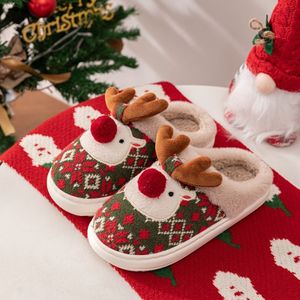 Kerst Herten Cartoon Fleece-Gevoerde Warme en Comfortabele Ronde Teen Pantoffels, Schattige Rendier Binnenshuis Modieuze Instappers voor Herfst/Winter - Perfect Cadeau RU-LDN27216-N