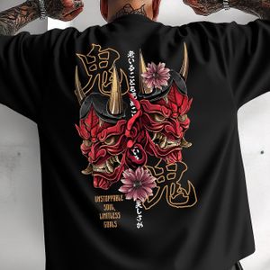 Heren & Dames Japanse Anime Grafisch T-Shirt - met Rode & Japanse Tekst & Demon Gezicht Print, Casual Streetwear Stijl, Losse Pasvorm Ronde Hals Korte Mouw Zomer Tee