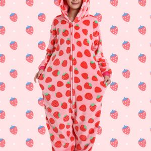 Zachte Verzorging | Jongeren Aardbeien Hoodie Onesie Pyjama - Vlamvertragende Stof, Lange Mouwen, Zakken, Ritssluiting, Machinewasbaar, Gezellig & Warm voor Lente/Herfst