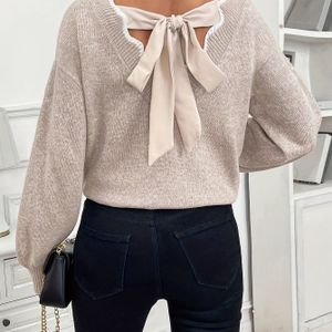 Elegante damestrui met strik op de rug | V-hals, lantaarnmouwen, losse pasvorm, herfst/winter, kleur - ELEGANTSUT
