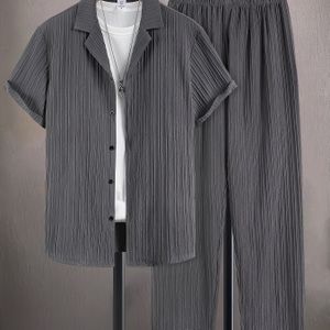 Casual Tweedelige Set voor Heren met Overhemdkraag en Korte Mouwen, Kleur - Overhemd zonder Sluiting en Broek