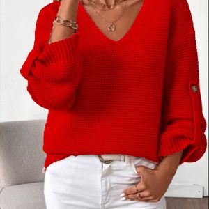 Stijlvolle Rode V-Hals Trui voor Vrouwen - Chique Knoopdetail, Geribbelde Textuur, Polyester Gebreide Pullover met Lantaarnmouwen, Machinewasbaar