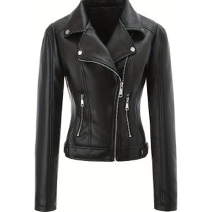 Elegante zwarte bikerjack van kunstleren met flapklep - korte mouwen, rits aan de voorkant, casual kleding voor alle seizoenen, stijlvolle weekendkleding, casual jack|Flapklepjack|Ritsjack