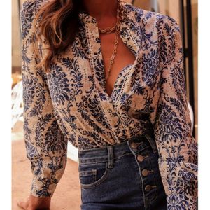 Blouse met bloemenprint voor dames met - Lange mouwen, kraag, knoopsluiting voor lente/zomer, beige en blauwe bloemenprint, perfect voor casual of stijlvolle outfits, bloemenprint blouse
