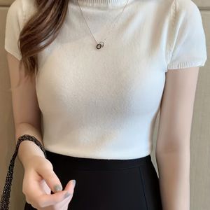 Vrouwen's Slim Fit Korte Mouw Trui - Hoge Elasticiteit Ronde Hals Visstaart Zoom, 100% Polyester Kleur Top voor Alle Seizoenen en Casual tot Formele Outfits