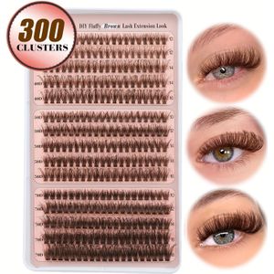 Bruine DIY Wimperclusters 300st 40D+50D+70D Individuele Nepwimpers 10-16mm Levendig Pluizige Kattenoog Lange Krullende Streepwimpers