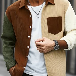 Heren Color Block Corduroy Shirt Jacket - Casual Lange Mouwen met Borstzak, Knoopsluiting Kraag, Beige & , Polyester voor Lente/Herfst