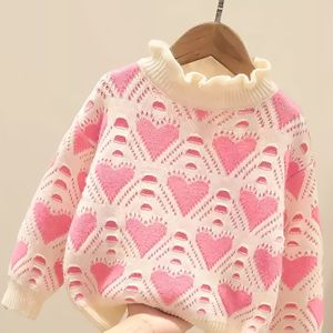 Meisjes Herfst Winter Kant Brei Trui, Stijlvolle Kinderen Hart Print Gebreide Top voor Kerstmis