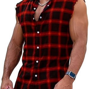 Herren Casual Mouwloze Overhemd met Franje Zoom - Klassiek Ruitpatroon, Enkelrijige Knopen, Regular Fit voor Streetwear, Strand & Vakantie, , Strandkleding, Nonstretch Stof