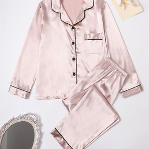 Dames Satijn Pajama Set, Elegante , Lange Mouw, Knopen, Casual Stijl, Kleur, Alle Seizoenen, Volwassen Slaapwear, Geweven Stof